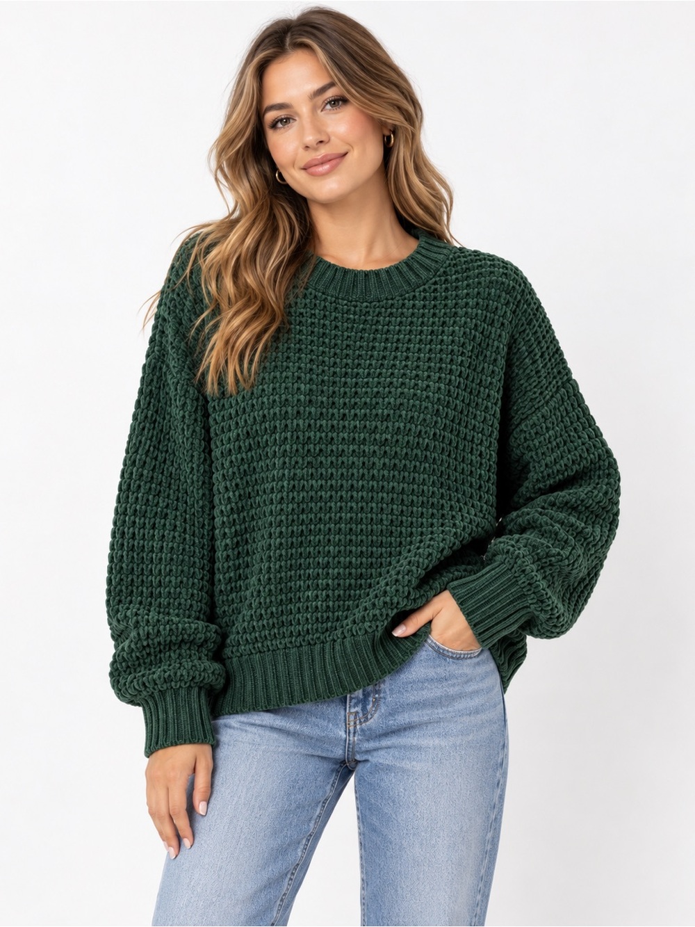 Pink Rose Forest Green Chenille Waffle Knit Oversized Sweater Size M